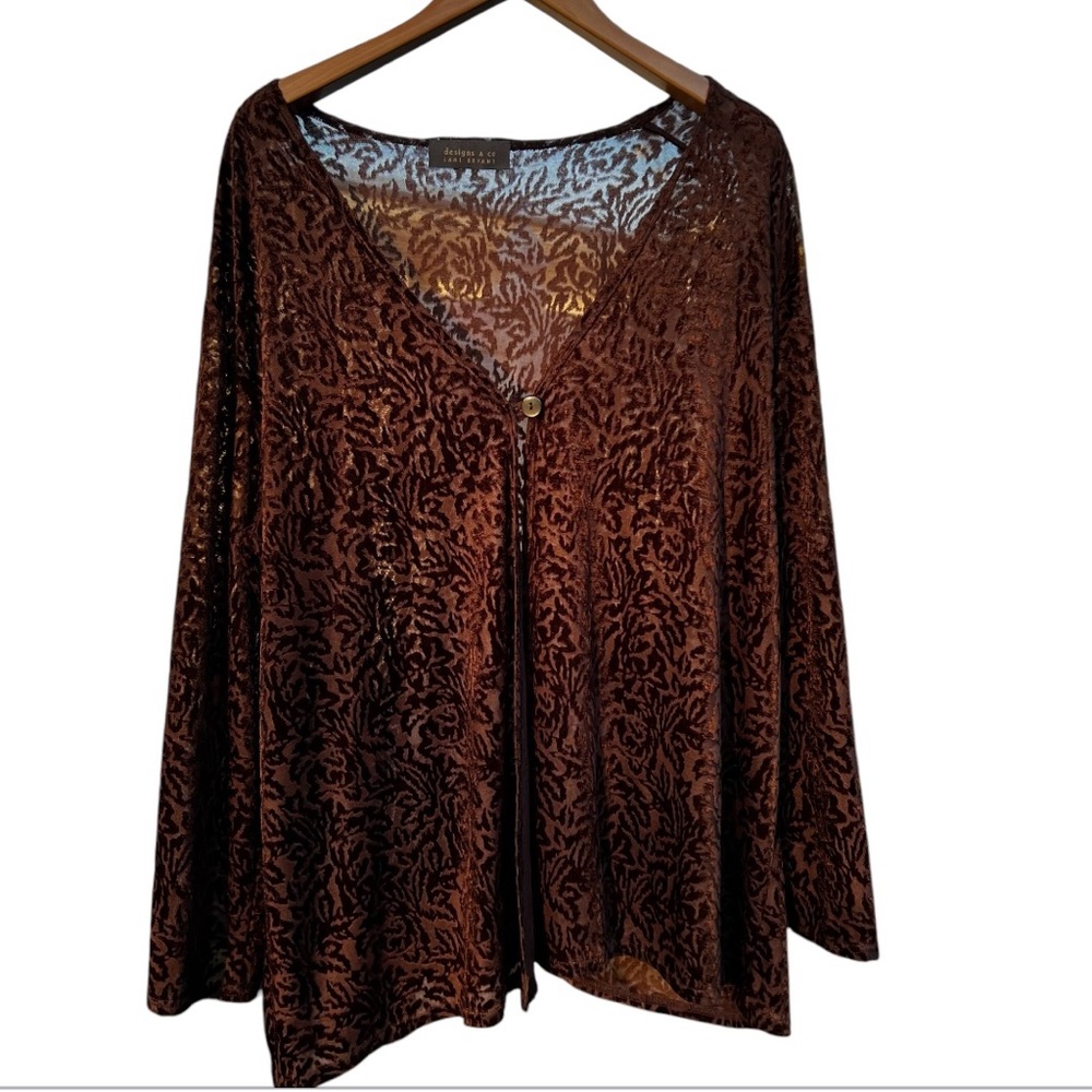 Floral‎ Burnout Velvet Brown Cardigan Tunic Lagenlook Costal Grandma Plus Size